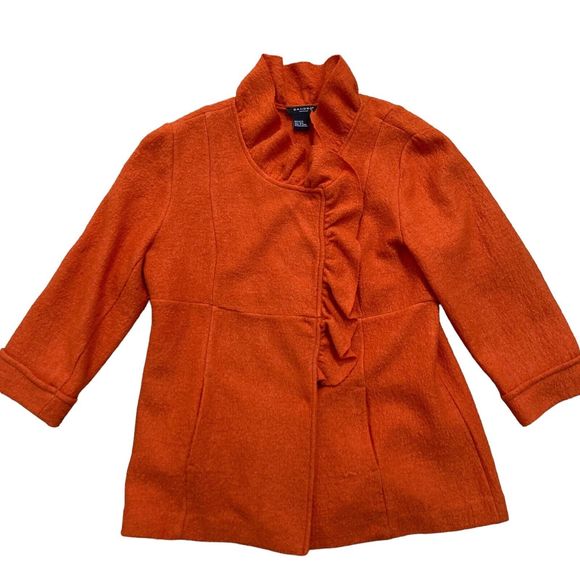 Sandro Jacket Womens Sz Large Orange Button Wool Long Sleeve Blazer Ruffles - Picture 1 of 8